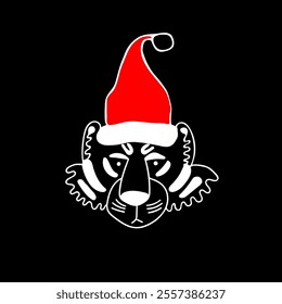 Christmas mask with outline muzzle of black tiger in red cap drawn by hand in doodle style isolated. Sticker, clip art, package, postcard, poster.