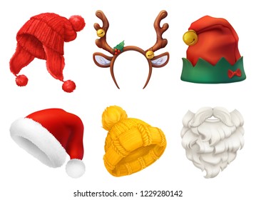 Christmas mask, Santa Claus hat, knitted hat. 3d realistic vector icon set