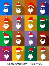 Christmas masks with beards set and hats for New Year Santa in flat style