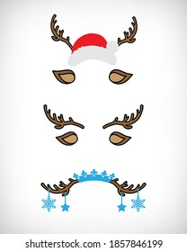 Christmas Masks Collection With Brown Reindeer Antlers, Ears, Santa Hat, Ice Crown, Snowflakes Isolated On White Background. Vector Illustration Of Cute Christmas Pillowcase Design For Winter Holidays