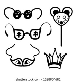 Christmas masks for decoration. New year costume, masquerade, party. Fashion style. Isolated illustration. Symbol collection. Doodle.Art line.Vintage vector  set. EPS10