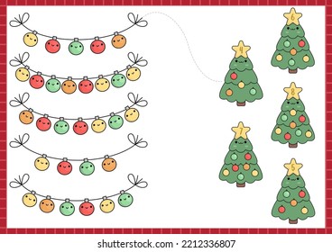 Christmas matching game with cute kawaii fir tree, colored balls. Winter holiday math activity for preschool kids. Educational printable New Year counting worksheet with cartoon characters
