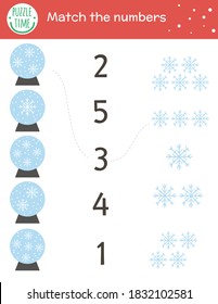 Christmas matching game with snow globes and snowflakes. Winter math activity for preschool children. Educational New Year printable counting worksheet with cute elements for kids
