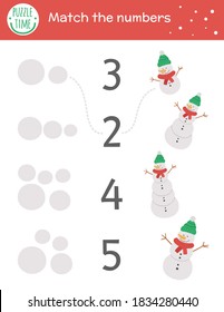 Christmas matching game with snowman. Winter math activity for preschool children. Educational New Year printable counting worksheet with cute funny elements for kids