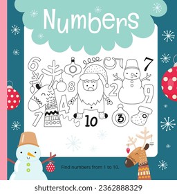 Christmas math activities for kids. Find numbers from 1 to 10. Vector illustration. Square page for Activity Book.