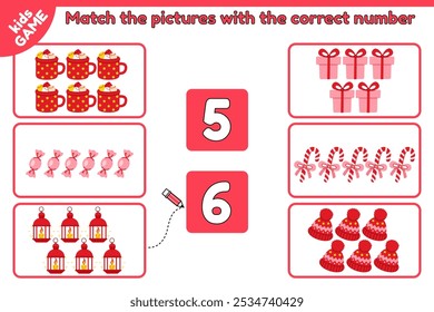 Christmas math educational kids game. Count objects, match it with the correct number. Counting task with cartoon candy, Xmas holiday mugs and others. Activities page for children education. Vector.