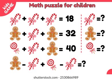 Christmas math game for children. Educational kids puzzle. Cartoon Xmas candy cane, gingerbread man, lollipop. Exercise for school education. New Year vector illustrations for baby activities book.