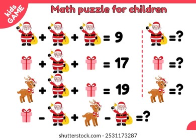 Weihnachtsmathematikspiel für Kinder. Pädagogische Kinder rätseln. Cartoon Santa Claus, Rentier, Geschenk. Zählarbeitsblatt für Vorschule, Schulbildung. Weihnachts-Vektorgrafiken für Baby-Aktivitäten Buch.