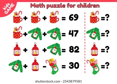 Christmas math kids puzzle game. Educational counting task for preschool, school children. Solve the example. Holiday baby activities page. Cartoon holiday stocking, Xmas ugly sweater, lantern. Vector