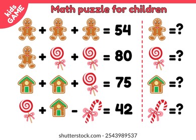 Christmas math kids puzzle game. Educational counting worksheet for preschool, school education children. Mathematical holiday activities page. Cartoon gingerbread, Xmas lollipops, candy cane. Vector.