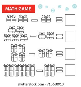 Christmas mathematical game for kids. Coloring page. Vector illustration.