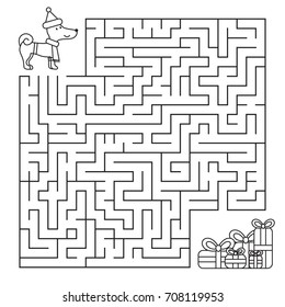 Christmas maze for children, funny dog looking for gifts. Coloring page. Vector illustration.