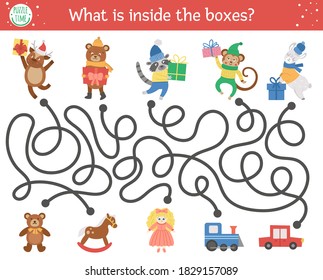 Christmas maze for children. Winter new year preschool printable educational activity. Funny holiday game or puzzle with cute animals, presents and toys. What is inside the boxes? 
