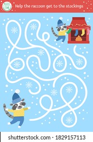 Christmas maze for children. Winter new year preschool printable educational activity. Funny holiday game or puzzle with cute animal and chimney. Help the raccoon get to the stockings 
