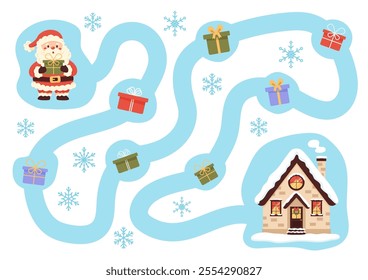Christmas maze featuring Santa Claus carrying gifts to cozy house. Winter labyrinth educational game. Vector illustration.