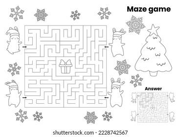 Christmas maze game with answer. Coloring page. New Year symbol - bunny. Help rabbits find the way to present. Educational puzzle for kids. Printable activity worksheet. Vector illustration.