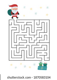 Christmas maze game for children. Help Santa find way to presents. Vector cartoon character. Winter holiday printable worksheet.