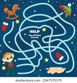 Christmas maze game for children. Help the elf find his hat. Vertical worksheet for kindergartens and schools.