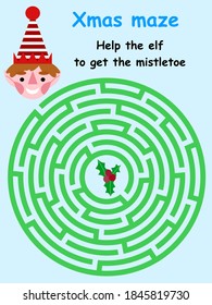 Christmas maze game with elf and mistletoe stock vector illustration. Funny educational printable labyrinth game for winter holidays pastime. Xmas bold colors circle maze for kids. One of a series