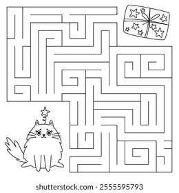 Christmas maze game for kids. Cute line cat looking for a way to the gift box. Printable worksheet with solution for school and preschool. Vector cartoon illustration.