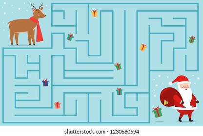 Christmas maze game for kids. Help deer find gifts that have fallen out of the bag of Santa Claus. Educational activity worksheet. Vector illustration.