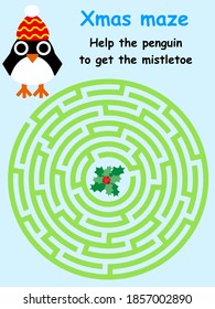 Christmas maze game with penguin stock vector illustration. Help the penguin to get the mistletoe. Cartoon childish vertical printable worksheet with circle labyrinth. Winter holidays simple game