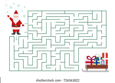 Christmas maze game for preschool and school kids. Santa is looking for gifts. Cartoon vector illustration. 