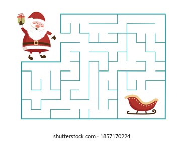 Christmas Maze Game. Santa Claus Way to the Gifts. Game for kids. Vector Illustration