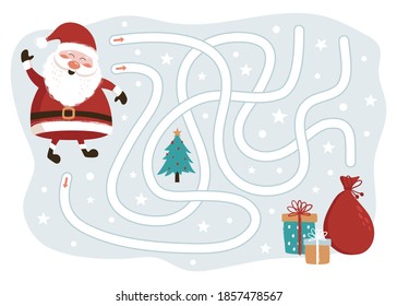 Christmas Maze Game. Santa Claus Way to the Gifts. Game for kids. Vector Illustration