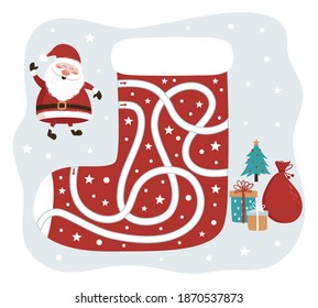 Christmas Maze Game. Santa Claus Way to the Gifts. Game for kids. Vector Illustration