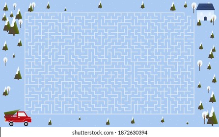 Christmas Maze, Help To Find Right Way Truck With Christmas Tree To House, Big Labyrinth For Kids And Adults, Children Book Quiz, Happy Holidays, Riddle On Blue Background In Cartoon Style