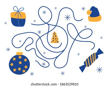 laberinto de Navidad. Ayuda el sombrero, caramelos, regalo y juguete de árbol de Navidad para encontrar el árbol. Juego de mesa para el desarrollo infantil. Felices Fiestas. Estilo de dibujos animados hechos a mano por vectores. Paleta azul y amarilla.