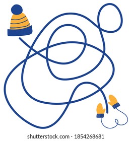 Christmas maze. Help the hat find the mittens. Board game for child development. Happy Holidays. Vector hand-drawn cartoons in a simple style. Blue and yellow palette.