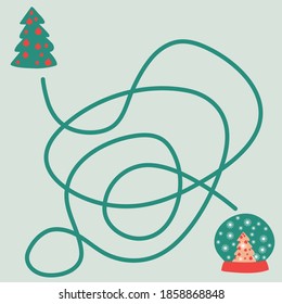 Christmas maze. Help the snow globe find the tree. Board game for child development. Happy Holidays. Vector hand-drawn cartoons in a simple style. Red and green palette.