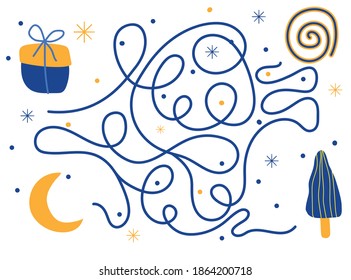 Christmas maze. Help the Christmas trappings find each other. Gift, tree, curl. Board game for child development. Happy Holidays. Vector hand drawn cartoon style. Blue and yellow palette.