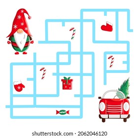 Christmas maze for kids with cute Santa, snowman and new year tree. Vector illustration with childish holiday game