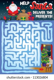 Christmas Maze for Kids. Help Santa find his way through the snowy maze to deliver the presents under the Christmas tree!