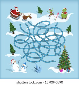 Christmas maze. Kids labyrinth. Cartoon game: search the path. Help Santa find the way to xmas tree. Winter holiday quest. Vector illustration