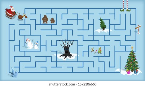 Christmas maze. Kids labyrinth. Cartoon game: search the path. Help Santa find the way to xmas tree. Winter holiday puzzle. Vector illustration