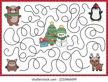 Christmas maze for kids. Winter holiday preschool printable activity with cute kawaii deer, penguin, bear, owl, fir tree, snowman. New Year labyrinth game or puzzle with cute characters
