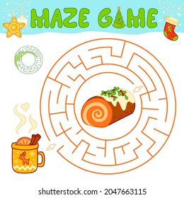 Christmas maze puzzle game for children. Circle maze or labyrinth game with Christmas cake.