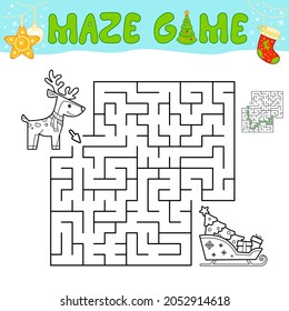 Christmas Maze puzzle game for children. Outline maze or labyrinth game with christmas sleigh and reindeer.