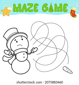 Christmas Maze puzzle game for children. Outline maze or labyrinth. Find path game with christmas Snowman.