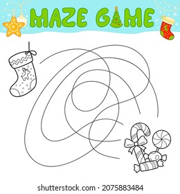 Christmas Maze puzzle game for children. Outline maze or labyrinth. Find path game with christmas Sock.