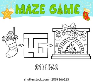 Christmas Maze puzzle game for children. Simple outline maze or labyrinth game with christmas Sock and fireplace.