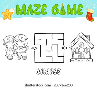 Christmas Maze puzzle game for children. Simple outline maze or labyrinth game with christmas Gingerbread man and Gingerbread house.