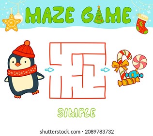 Christmas Maze puzzle game for children. Simple Maze or labyrinth game with Christmas penguin.
