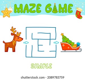 Christmas Maze puzzle game for children. Simple Maze or labyrinth game with Christmas sleigh and reindeer.