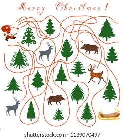 Christmas Maze with Santa Claus and a bag of gifts. Find the way to the deer and sleigh. Go with Santa through the forest with Christmas trees.