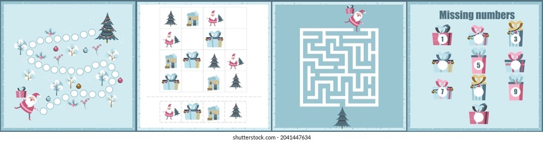 Christmas maze. I spy. Kids mini game for development.